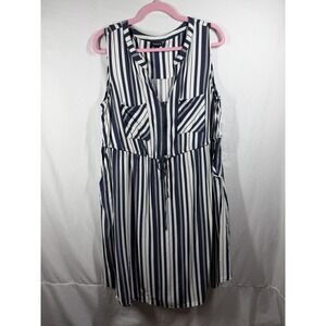 Torrid Dress Size 1 Navy Blue White Striped Sleeveless Zip V-Neck Drawstring M/L